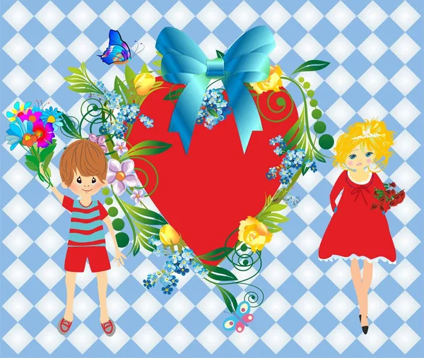 Composición Con Niños Que Sostienen Flores Gran Corazón Rojo — Archivo Imágenes Vectoriales