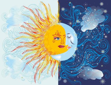  Gündüzün ve gecenin zıttı olan kompozisyon, güneş ve ay