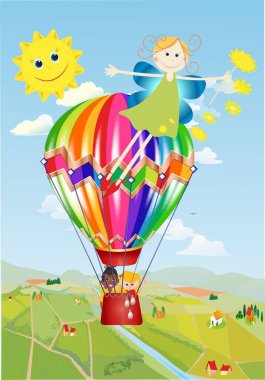  Çocukların köyün üzerinde uçtuğu bir balonla kompozisyon