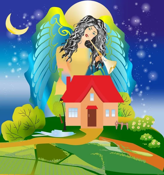 Composition Woman Angel Who Watches House — Stock Vector