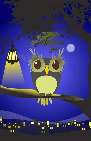 Composition Owl Which Sits Branch Background You Can See City — Stock Vector