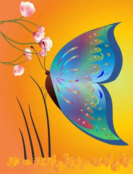 カラフルな蝶とピンクの花で構成され — ストックベクタ