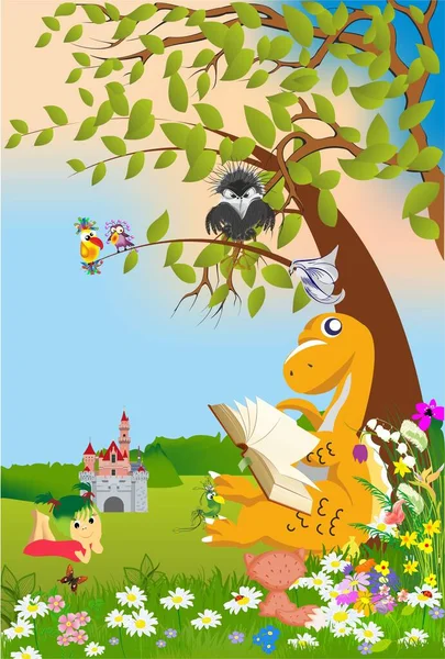 童话般的作品 有龙坐在树下看书 — 图库矢量图片