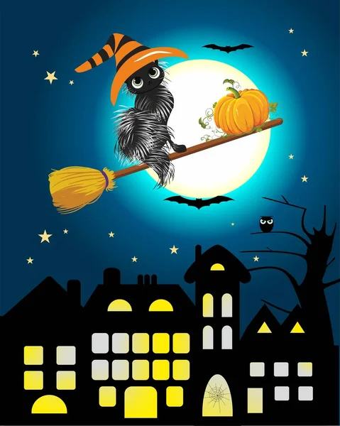 Grappige Halloween Compositie Met Een Kat Pompoen Die Vliegen Een — Stockvector