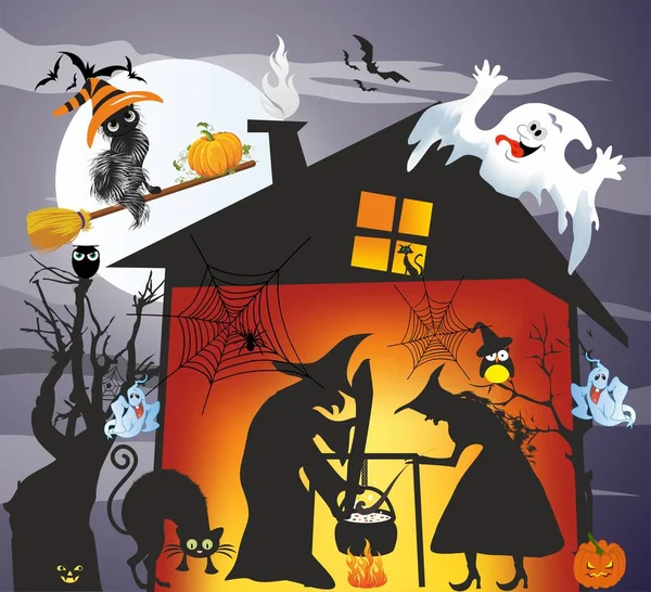 鍋に何かを混ぜる魔女と家の上の幽霊 — ストックベクタ