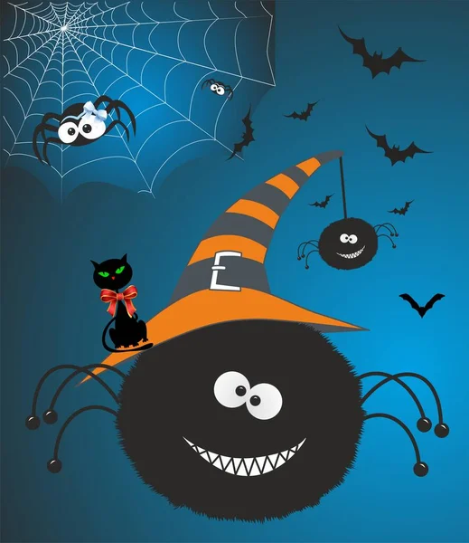 Composición Con Arañas Gato Arañas Murciélagos Halloween — Vector de stock