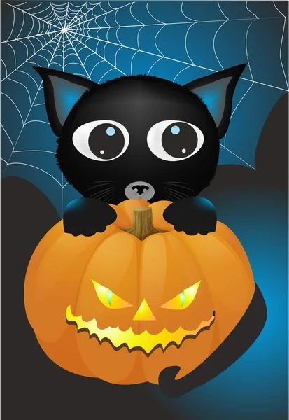 Composition Cobweb Cat Halloween Pumpkin — Stock Vector