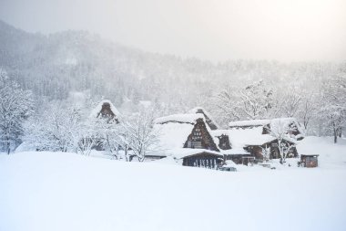 Gifu, Japonya - 12 Şubat 2017: Shirakawago kışın yoğun kar yağışı ile 