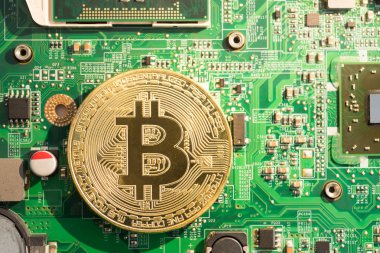 Bilgisayar devre kartı üzerinde altın Bitcoin Cryptocurrency