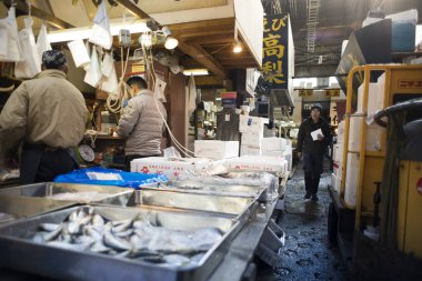 Tokyo, Japonya - 17 Şubat 2017: Tsukiji Balık pazarı. Belgili tanımlık çarşı dünyanın en büyük balık pazarı biridir.