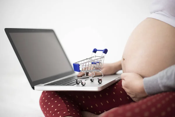 Pregnant Woman Using Laptop Notebook Computer Shopping Cart — Stock Photo, Image