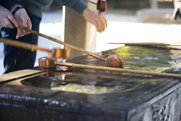 Mouth and hand washing bucket in front of Shrine or Temple.