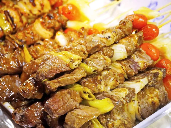 Grillezett Sertésborda Kebab Utcai Piacon Chili Szósszal — Stock Fotó