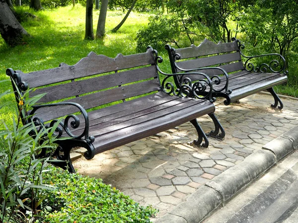 Vintage siyah ahşap ve Metal banklar Halk Parkı içinde