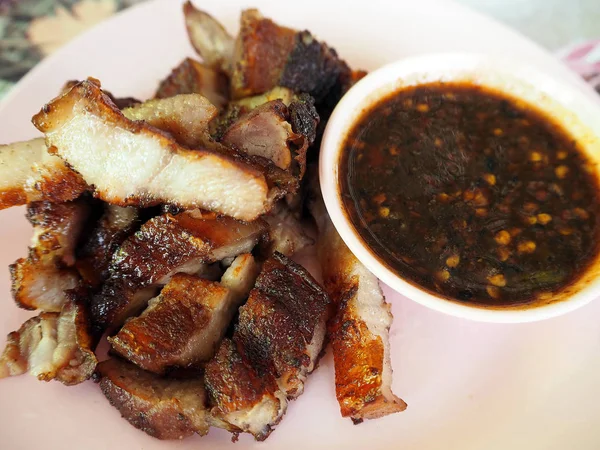 Délicieux Côtelettes Porc Thaïlandais Bbq Avec Sauce Trempette Épicée — Photo