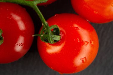 Dal üzerinde asılı su damlaları ile olgun kırmızı kiraz domates Seçici odak makro fotoğraf