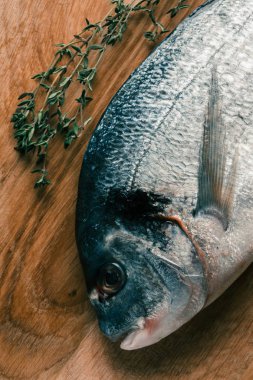 Ahşap kesme tahtası üzerinde yatan yanında kekik sprig ile pişmemiş deniz balığı üst görünümü