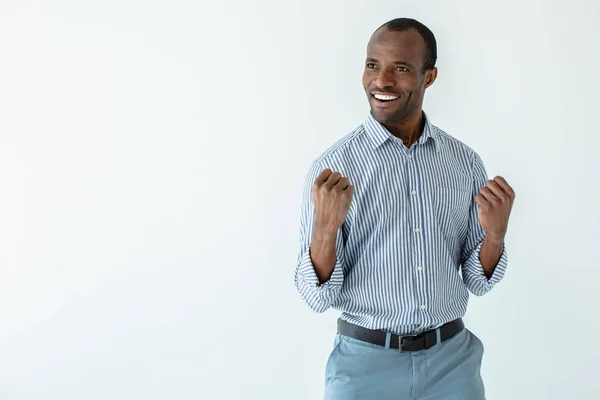 Πάρε Την Τύχη Σου Χαρούμενος Αφροαμερικανός Άνθρωπος Χαμογελά Ενώ Χρησιμοποιεί — Φωτογραφία Αρχείου