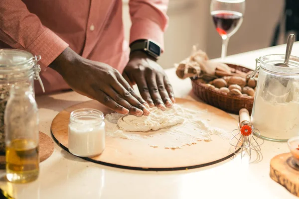 Close Table Wooden Cutting Board Man Putting Both Hands Dough — Stock Photo, Image