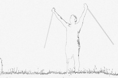 Mutlu hissederken Nordic baston tutan engelli bir adamın tam uzunlukta siluet