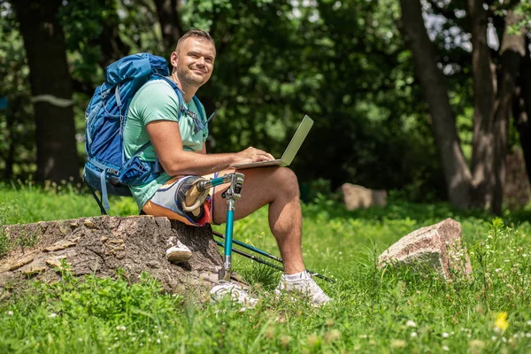 Pleasant Smiling Young Man Enjoying His Touristic Days While Using — Stock Photo, Image