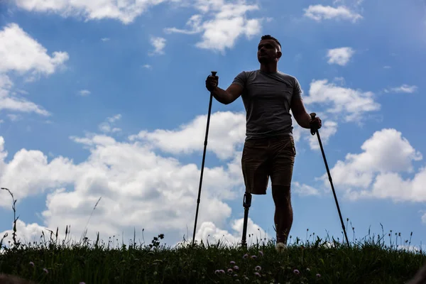Confident Young Man Disabilities Trying Nordic Walking While Enjoying Sport — Stock Photo, Image
