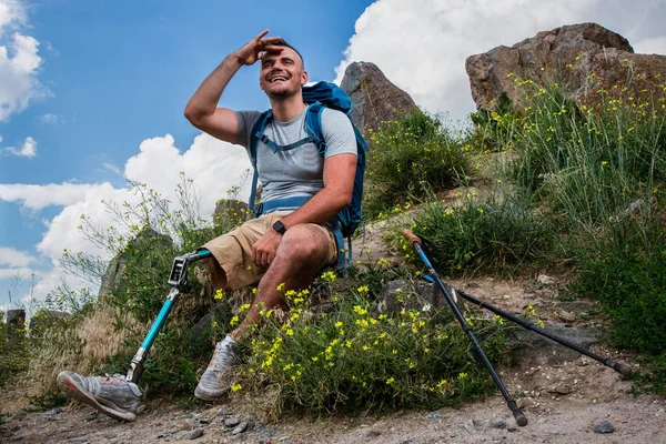 Active Smiling Young Man Physical Disorders Enjoying Natural Views While — Stock Photo, Image