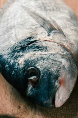 Ahşap kesme tahtası üzerinde pişmemiş bir gilthead çipura yakın