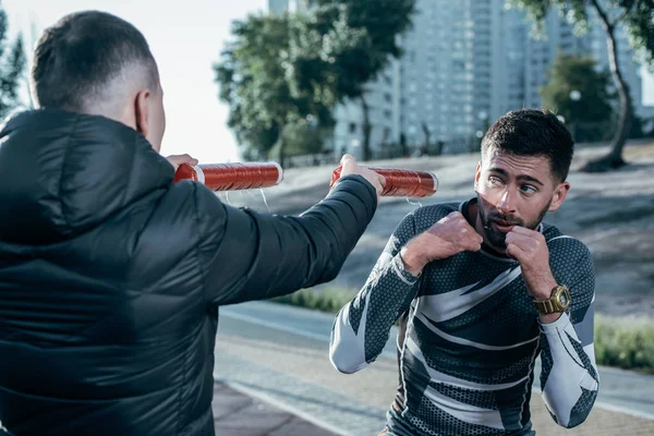 Atento Deportista Profesional Mirando Los Palos Boxeo Mientras Tiene Entrenamiento —  Fotos de Stock