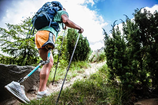 Turista Masculino Ativo Motivado Com Prótese Subindo Enquanto Tentava Caminhar — Fotografia de Stock
