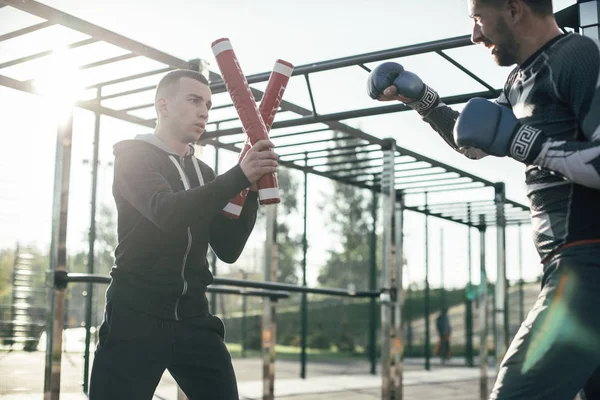 Entrenador Concentrado Calma Mirando Boxeador Sosteniendo Palos Boxeo Frente Cara —  Fotos de Stock