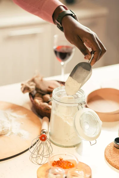 Glass Jar Standing Table Hand Man Taking Flour Help Scoop — Stock Photo, Image