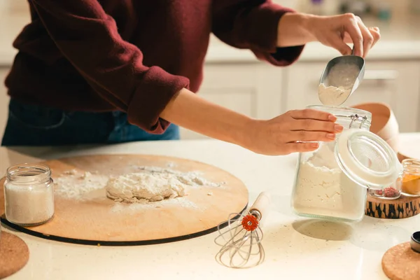 Close Table Dough Cutting Board Woman Carefully Taking Flour Jar — Stock Photo, Image