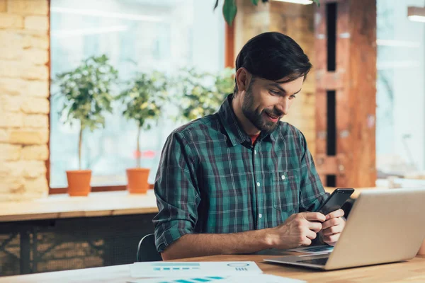 Positive Handsome Young Man Sitting Front Laptop Office Looking Screen — Stock Photo, Image