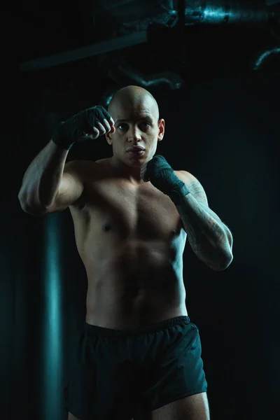 Strong Handsome Man Black Shorts Putting Fists While Mastering Boxing — Stock Photo, Image