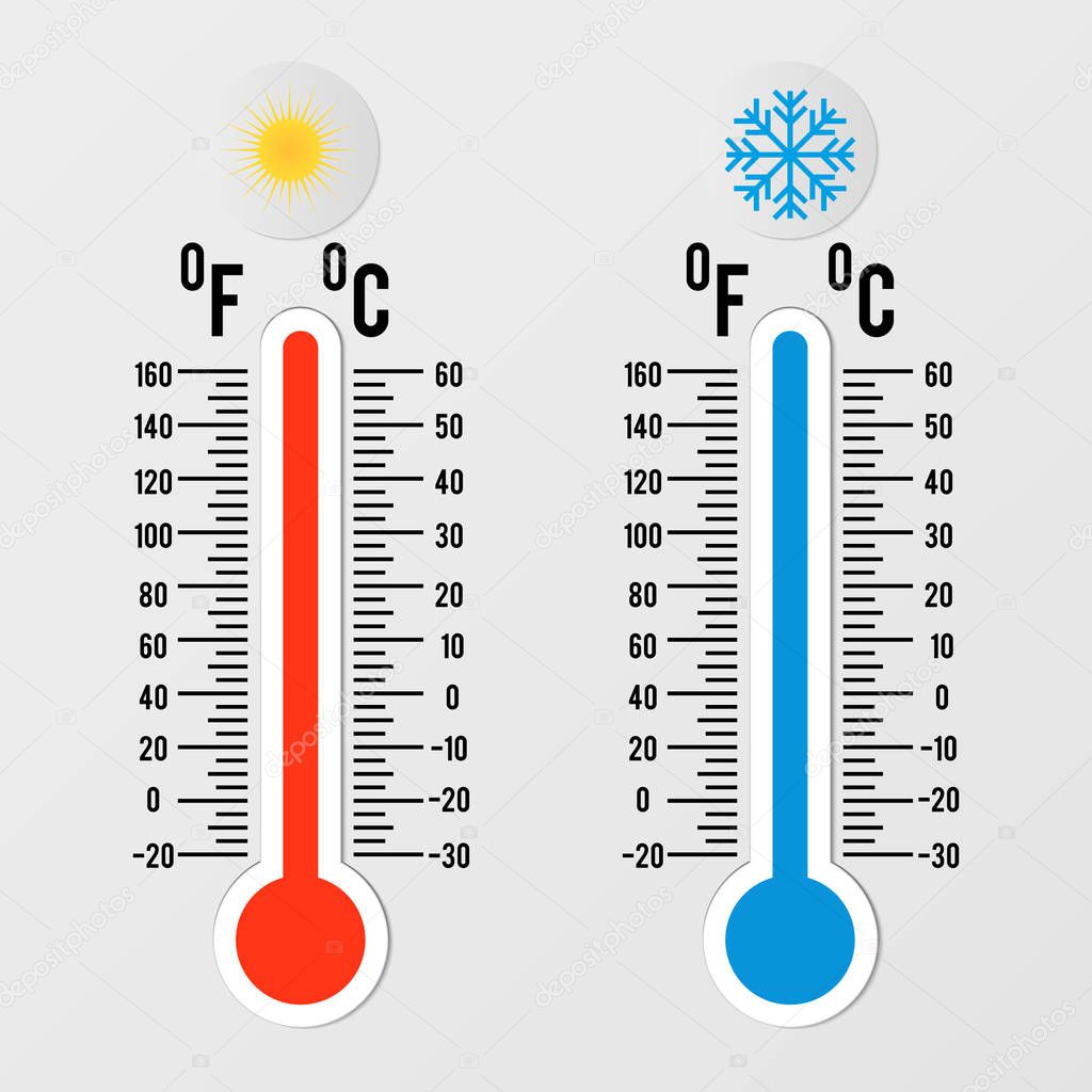 Thermometers in flat style. Hot and cold temperature. Meteorology design element. 