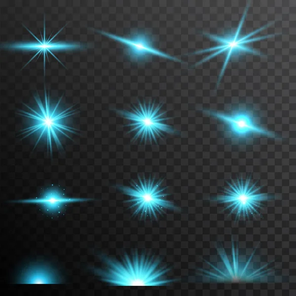 Set blue glow light Linseneffekt funkelt auf transparentem Hintergrund. — Stockvektor