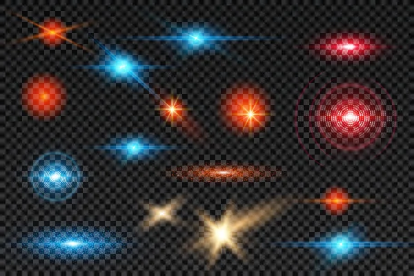 Réglez les étincelles lumineuses lumineuses, les éclairs scintillants et les étoiles scintillantes avec effet de fusée éclairante sur fond transparent . — Image vectorielle