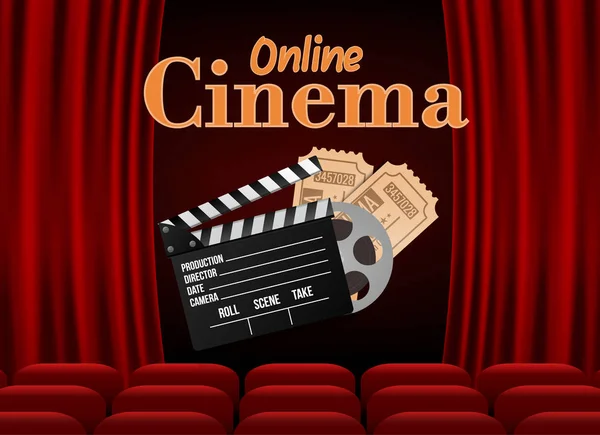 Kino mit roten Sitzreihen Popcorn und Eintrittskarten. Premierenvorlage. Online-Kinokunstfilm. über Super Show Design. — Stockvektor