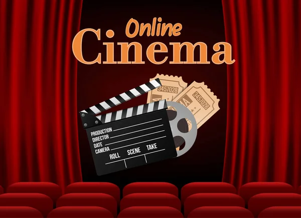 Cine con fila de asientos rojos palomitas de maíz y entradas. Plantilla de evento de estreno. Cine en línea película de arte. En el diseño Super Show . — Vector de stock