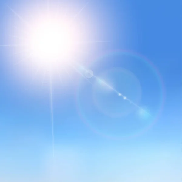 Ρεαλιστικό ηλιακό φως σε ένα καταγάλανο ουρανό. Λάμπει μπεζ διάνυσμα χρυσαφένιο ήλιο φωτεινά εφέ. Φωτοβολίδες και λάμπει το φως του ήλιου. Εικονογράφηση διάνυσμα — Διανυσματικό Αρχείο