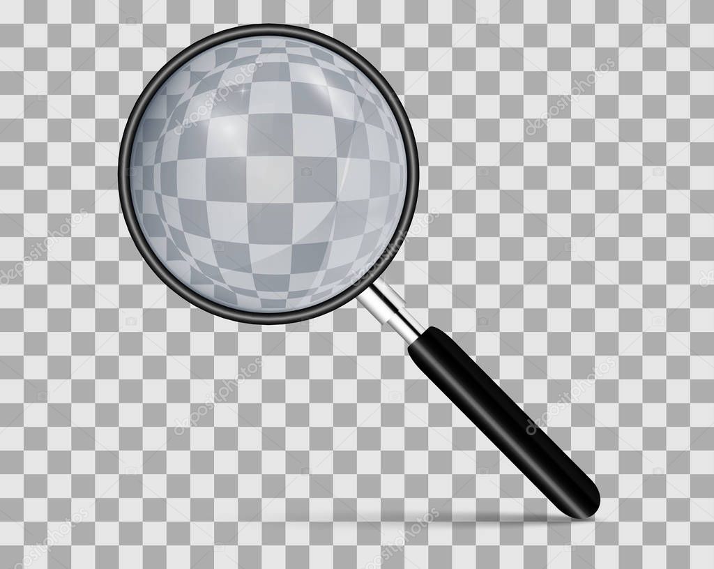 Metal magnifier with a dark handle for office concepts. Realistic magnifying glass on a transparent background. 