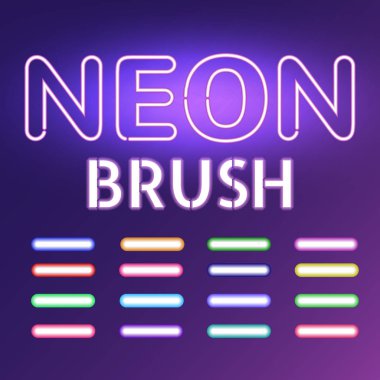 Neon ışık fırçalar kümesi. Koyu arka plan üzerinde renkli neon tüp. Vektör çizim