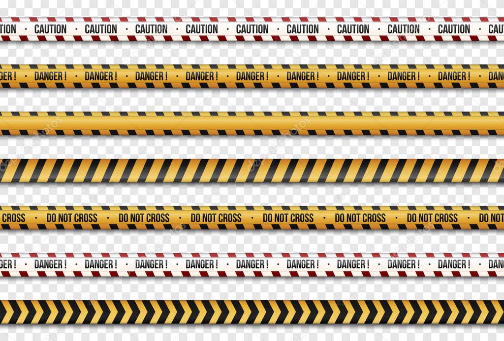 Set of yellow with black police line.  Warning seamless tapes. Caution lines. Isolated On Transparent Background. Vector Illustration