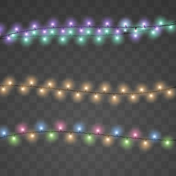 Χριστουγεννιάτικα Φώτα Ρεαλιστικό Διαφανές Φόντο Πολύχρωμο Λαμπερό Στεφάνια Συμβολοσειρά Φώτα — Διανυσματικό Αρχείο