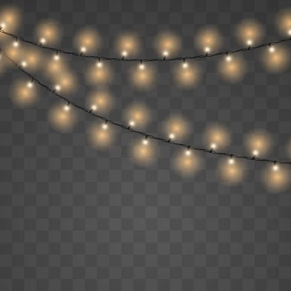 Lumières de Noël réalistes sur fond transparent. Guirlandes lumineuses dorées corde pour cartes de vacances de Noël . — Image vectorielle