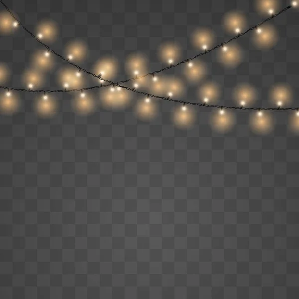 Vánoční osvětlení realistické na průhledném pozadí. Zlaté zářící girlandy řetězec světla pro Xmas Holiday karty. — Stockový vektor