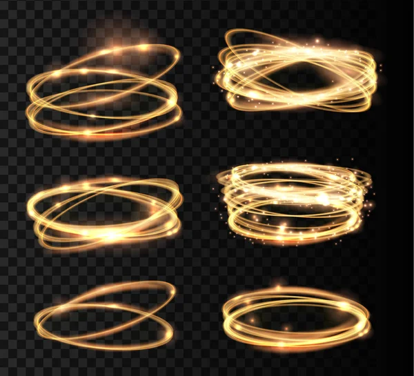 Gouden gloeiende glanzende spiraal lijnen en de cirkel lichteffect instellen. Abstracte Glowing licht brand ring trace. Magic sparkle cirkel licht collectie op transparante achtergrond. Vector illuastration. — Stockvector