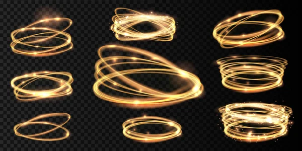 Set Golden glowing shiny spiral lines and circle light effect.  Abstract Glowing light fire ring trace. Magic sparkle circle light collection on transparent background. Vector illuastration. — Stock Vector