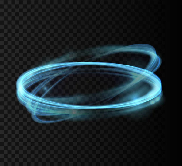 Μπλε λαμπερό γυαλιστερό σπειροειδείς γραμμές και κύκλους ελαφριά επίδραση. Αφηρημένο πυρακτωμένο φως φωτιά δαχτυλίδι ίχνος. Μαγική λάμψη φως κύκλο σε διαφανές φόντο. Διάνυσμα illuastration. — Διανυσματικό Αρχείο